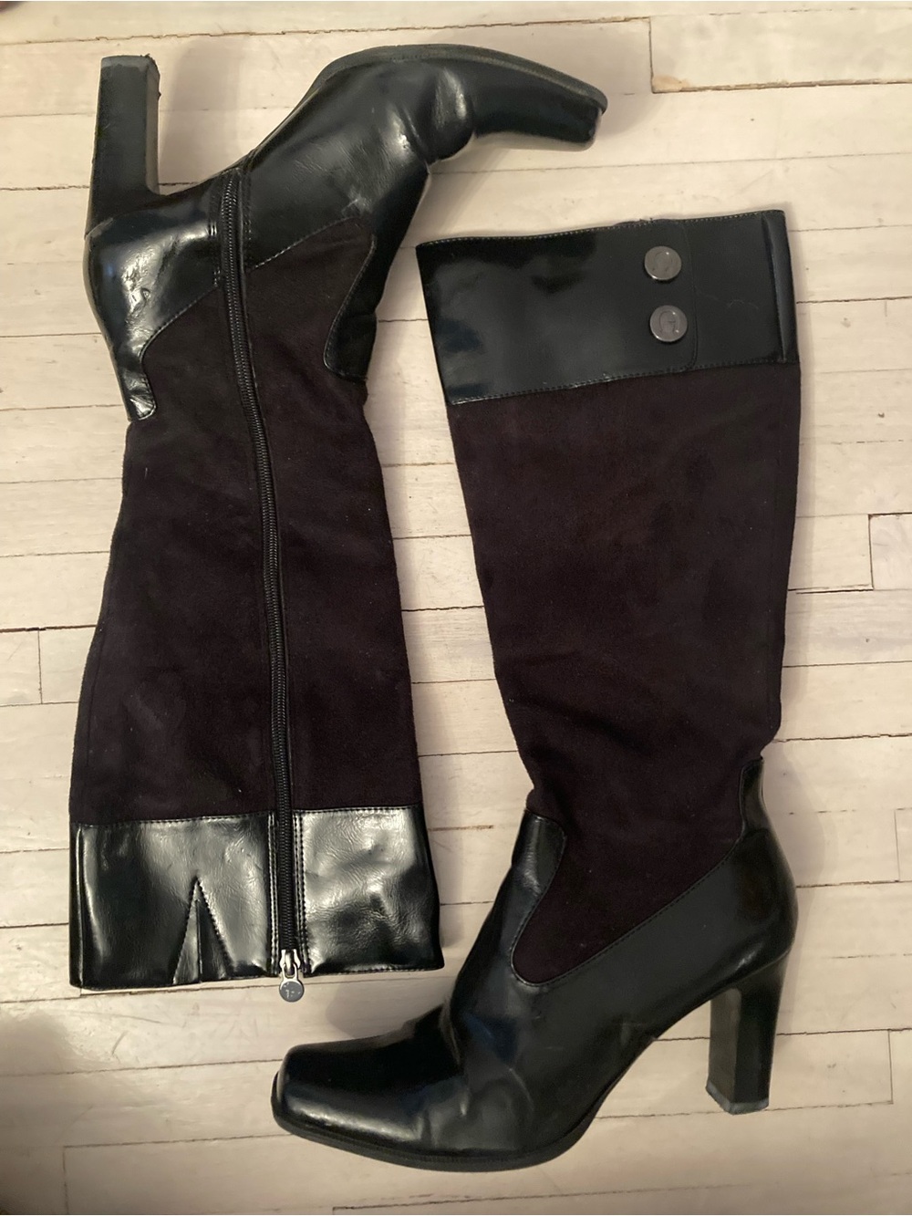Black Tall Women's Leather & Suede Block Heel Boots